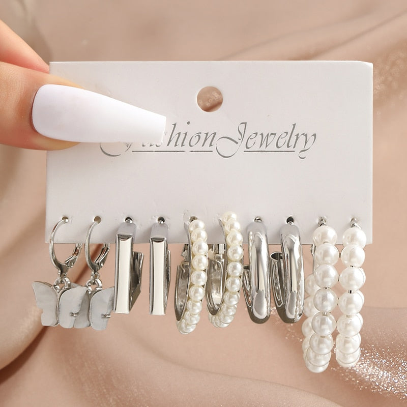 17KM Silver Color Pearl Vintage Earrings Set for Women Geometric Butterfly Twist Hoop Earrings Snake Earrings Trendy Jewelry New
