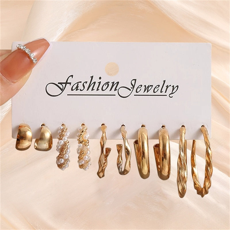 Gold Color Earring Set Colorful Geometric Pearl Resin Twist Big Hoop Earrings for Women Girls 2022 Fashion Party Jewelry Gifts