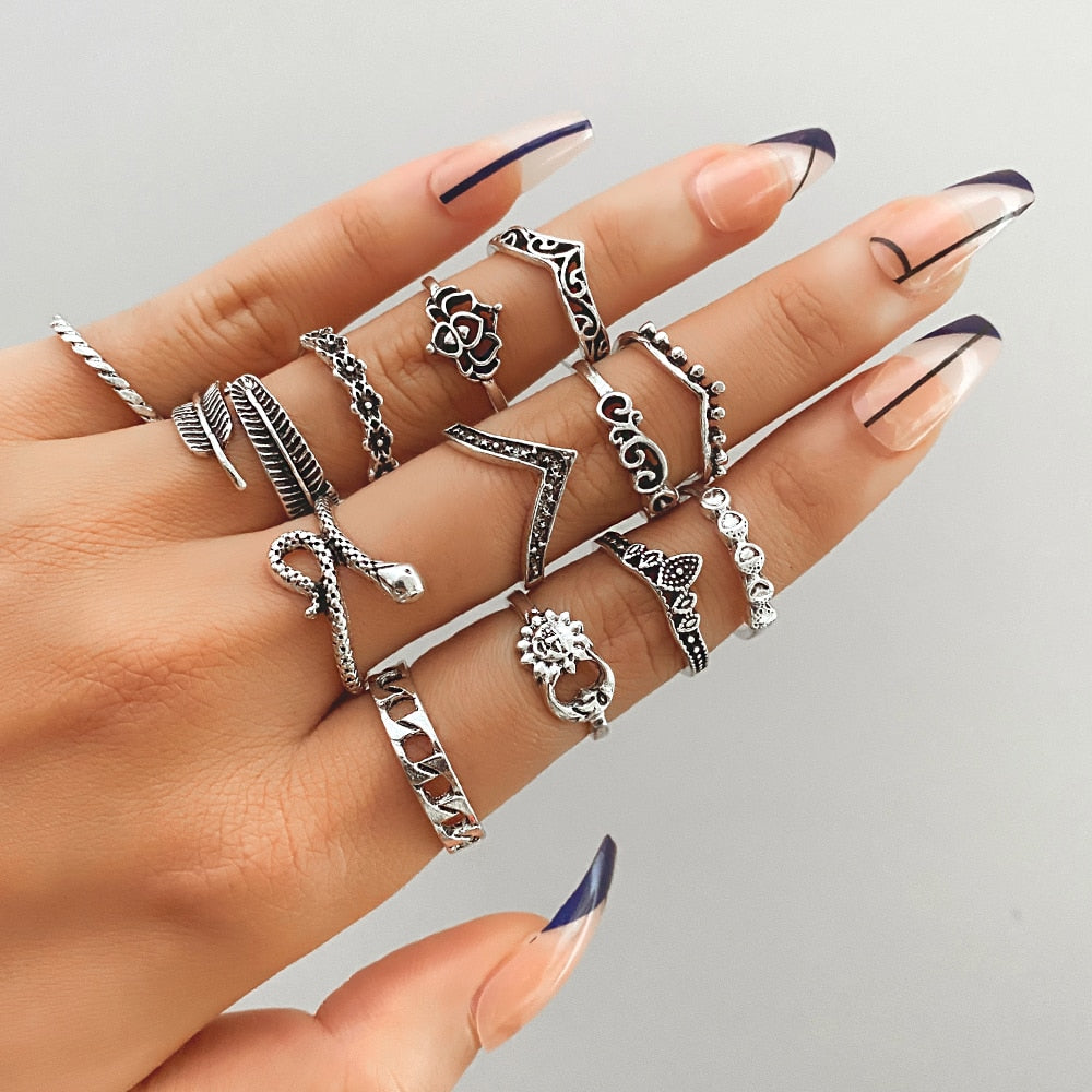IFME Retro Bohemia Snake Leaves Ring Set Simple Style Gothic Ring Jewelry Suit New 2022 Fashion Trend Jewelry Accessories Women