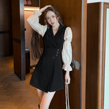 funninessgames Korean Black Patchwork Short Dresses Women  Autumn New Fashion Slim Office Lady Notched Collar Long Sleeves Female Clothing