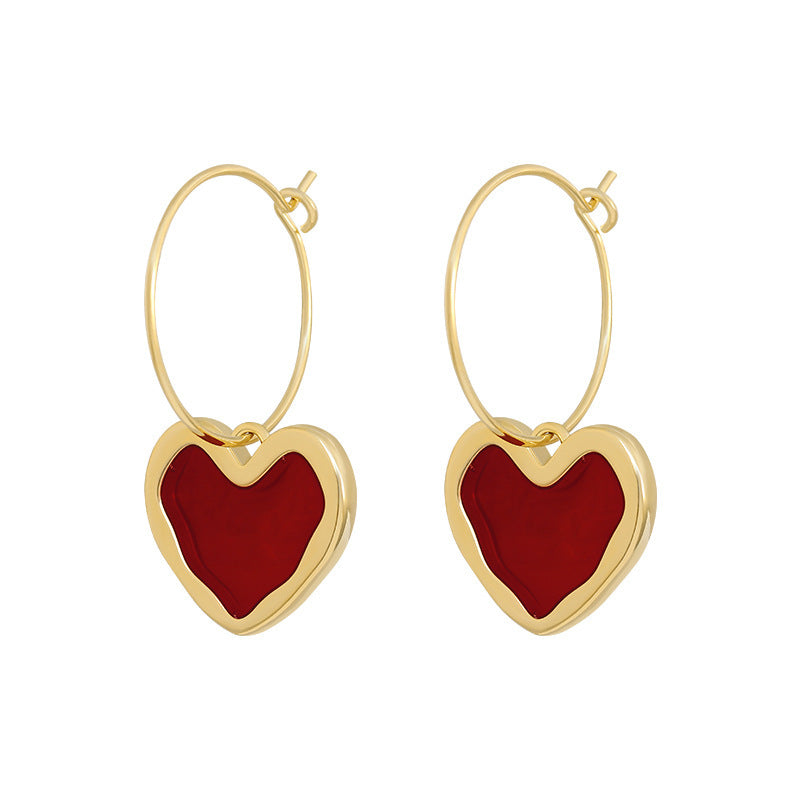 LATS Sweet Burgundy Enamel Heart Earrings for Women Girl Gold Color Metal Love Heart Hanging Dangle Earrings Vintage Jewelry
