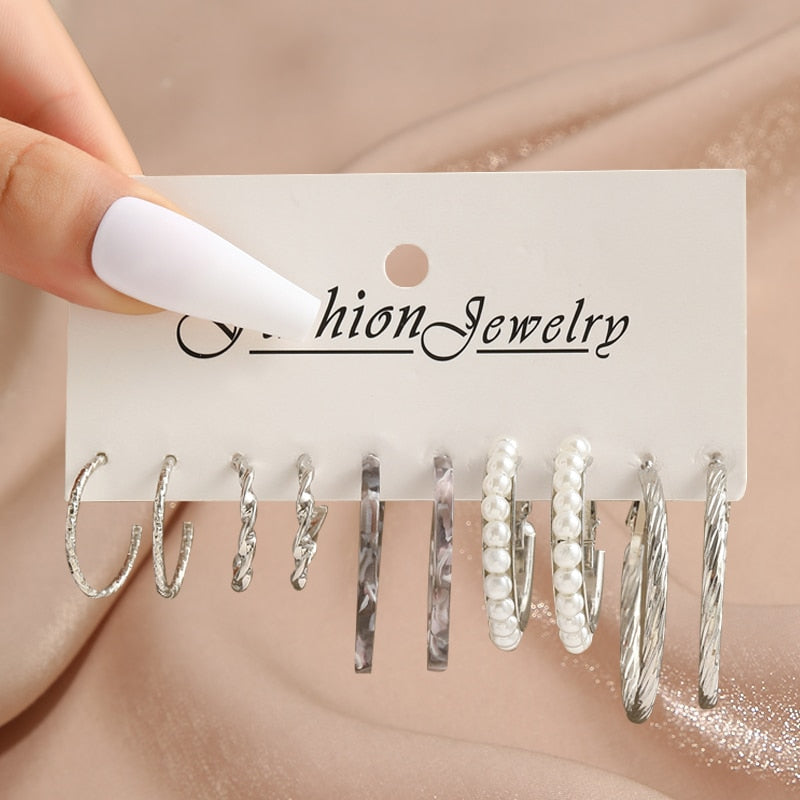 17KM Silver Color Pearl Vintage Earrings Set for Women Geometric Butterfly Twist Hoop Earrings Snake Earrings Trendy Jewelry New