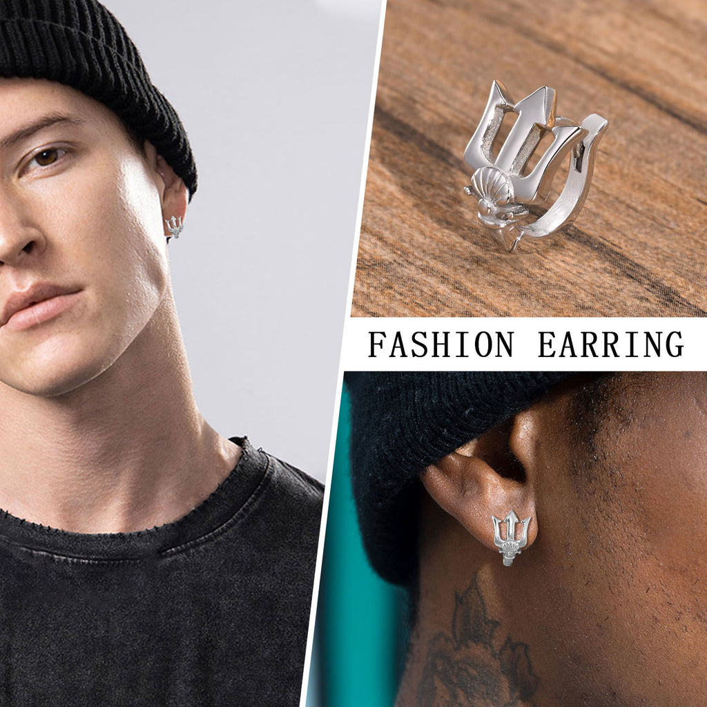 Vnox Trident Earrings for Men, Punk Rock Stainless Steel Cool Hoop Earrings, Cool Boy Ear Jewelry