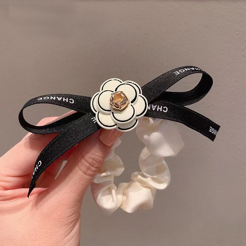 High-quality Boutique Camellia Streamer Bow Hair Tie Ring Fat Intestine Ring Elastic Hair Ties for Women Wholesale Accesories