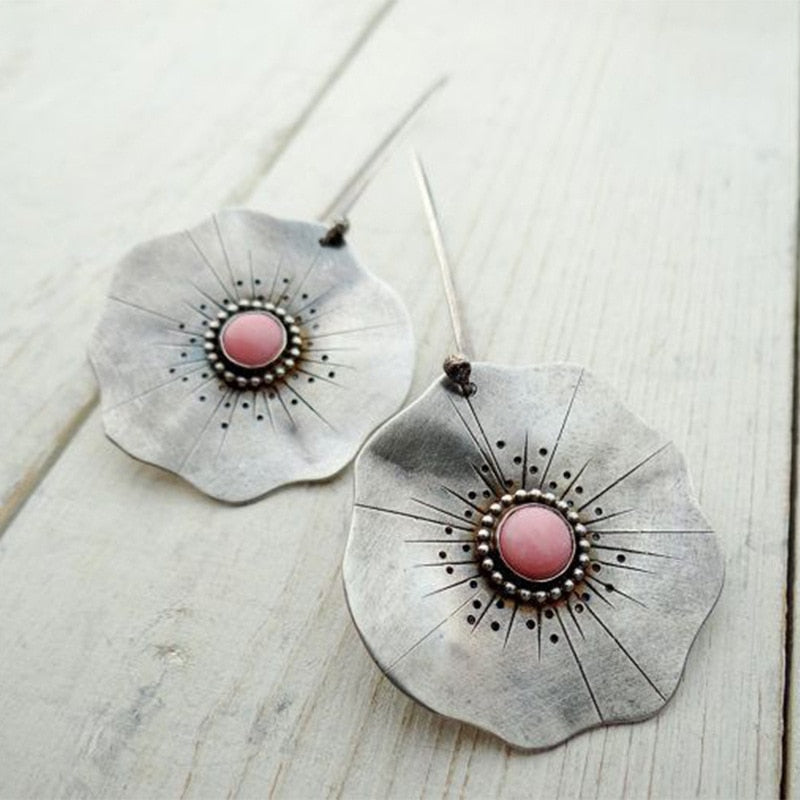 Ethnic Lotus Leaf Flower Drop Earrings for Women Vintage Silver Color Inlaid Pink Beads Stone Dangle Earrings Jewelry Gifts