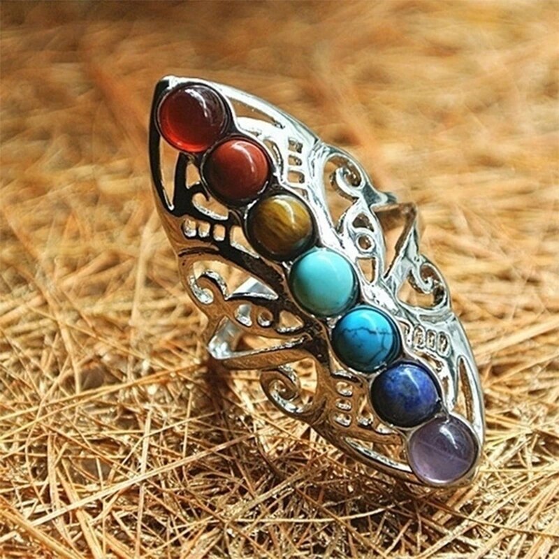 new 7 Chakra Bead Ring Vintage Hollow Silver Plated Yoga Tiger Eye Stone Adjustable ring Vintage Famous Clan jewelry gift кольца
