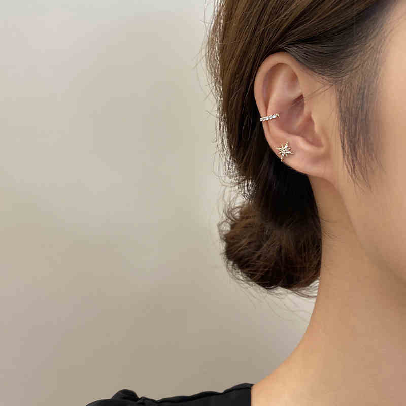 Hexagram Zircon Pearl Ear Bone Clip Earrings Sweet Star Ear Clip Without Ear Hole Female Gold Light Luxury Party Unusual Jewelry