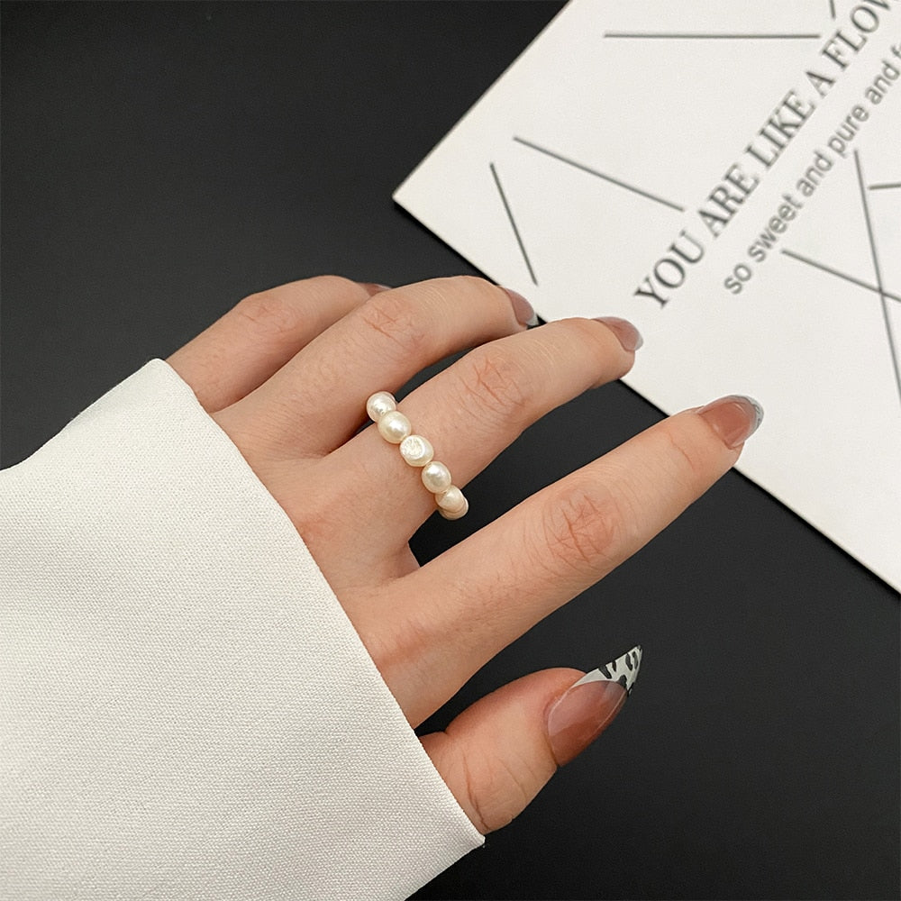 IFKM New Minimalist Multi Bead Freshwater Pearl Geometric Rings Women Finger Jewelry Fashion Adjustable Elastic Ring