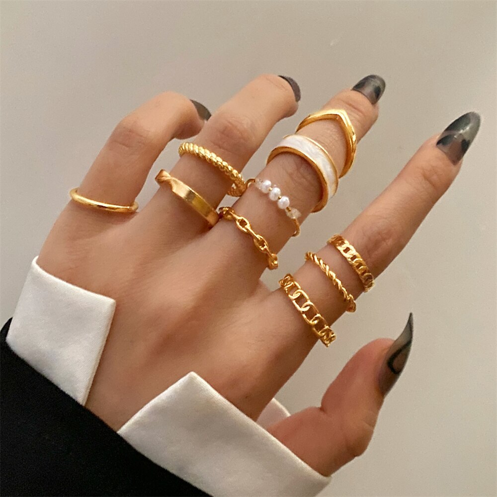 DAXI New Women&#39;s Oil Drip Rings Set Gold Metal Opening Adjustable Simple Pearl Rings Punk Hip Hop Jewelry Wedding Memorial Gift