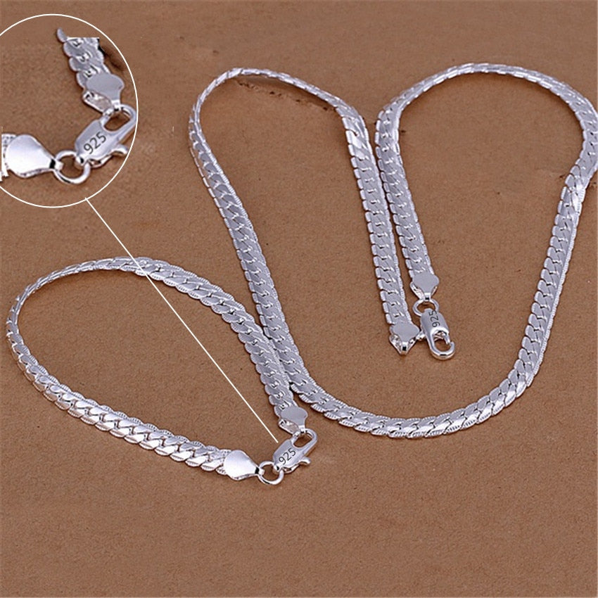 925 silver color Christmas gifts European style retro 6MM flat chain necklace bracelets fashion For man women jewelry sets S085