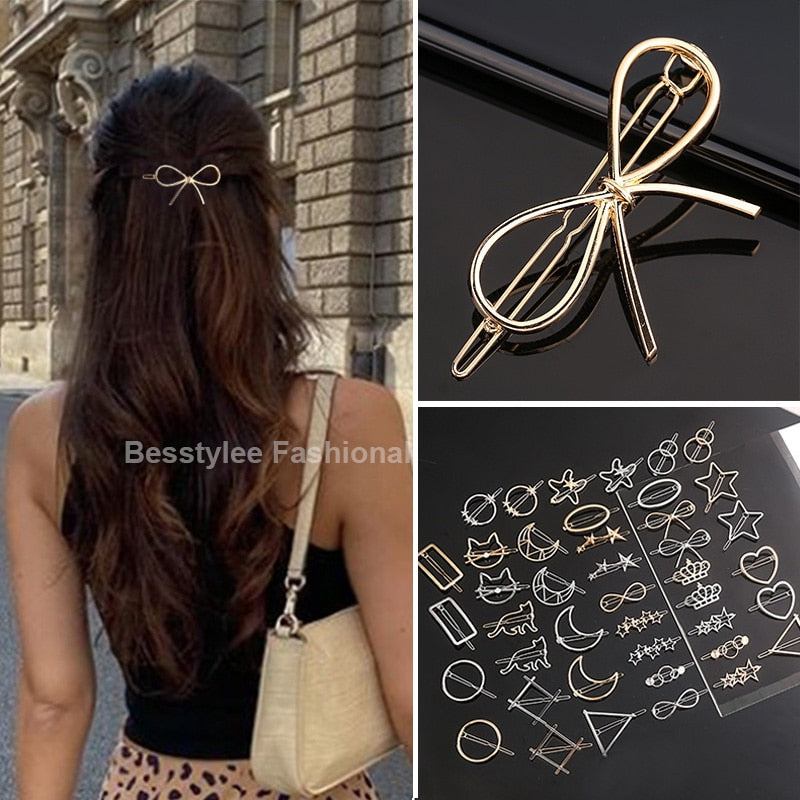 Fashion Woman Bow Hair Clip Metal Geometric Mini Hairpins Alloy Round Star Hairgrip Barrette Girls Headwear Hair Accessories
