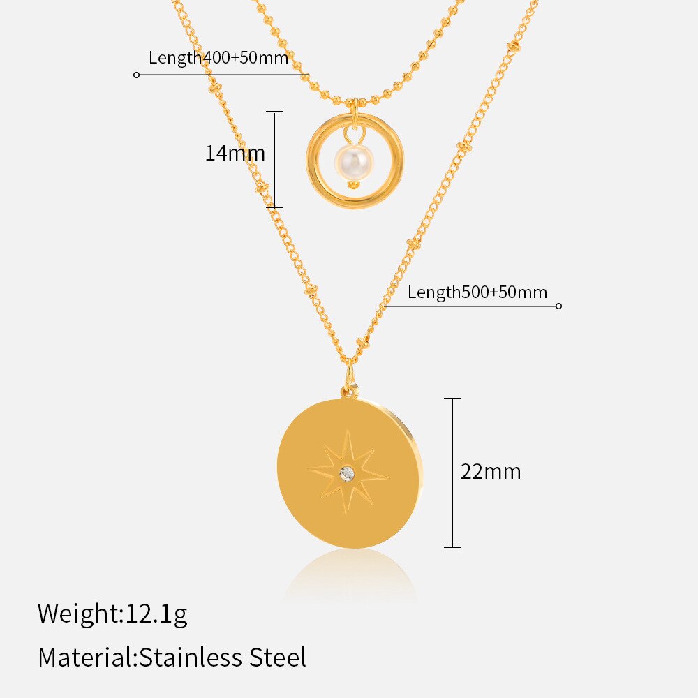 Stainless Steel Geometric Round Pendant Necklace for Women 2022 New Trendy Vintage Gold Color Double Layer Necklace Jewelry