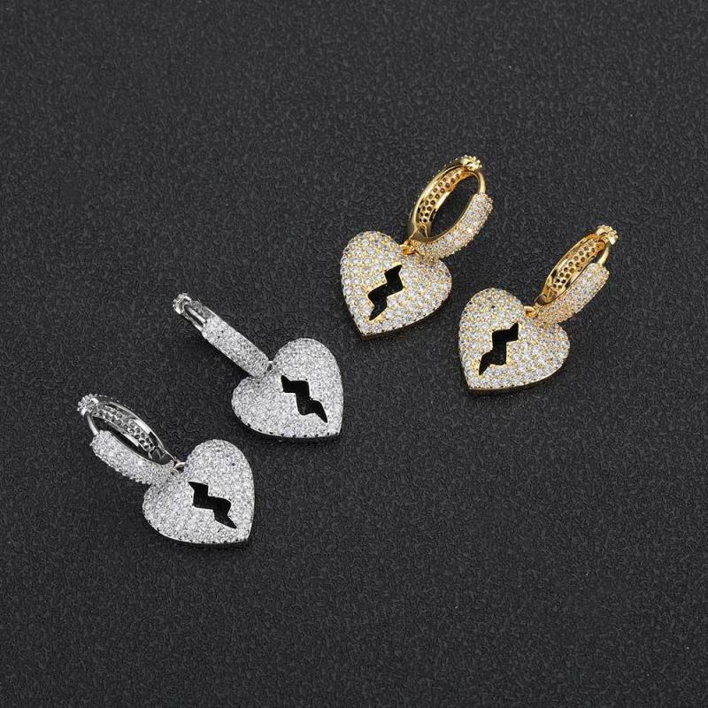 Hip Hop Ice Out Broken Heart Dangle Earrings for Men Women Silver Color Cubic Zircon Huggie Earrings Anti Allergy Jewelry