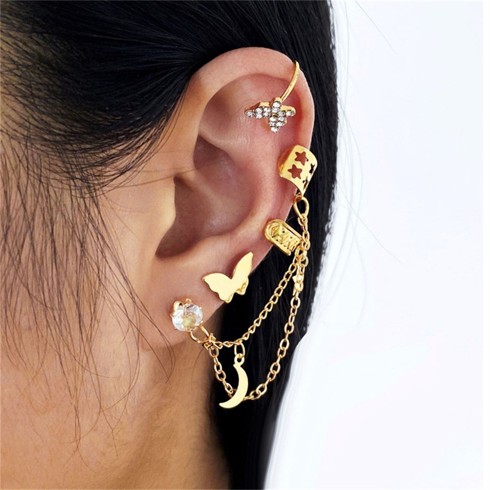 Korean Crystal Zircon Butterfly Clip Earrings Set For Women Moon Star Gold Color Chian Long Tassel Ear Cuff Fashion Jewelry Gift