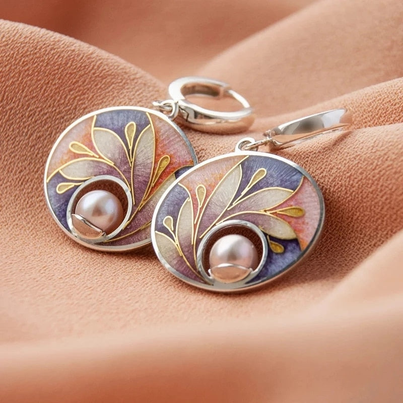 Fashion Round Metal Stick Peacock Tail Colorful Earrings Inlaid Pearl Earrings Women&#39;s Party Jewelry