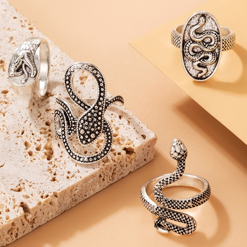 docona 4pcs/set Vintage Snake Animal Rings for Women Gothic Silver Color Geometry Metal Alloy Finger Ring Sets Jewelry 18643