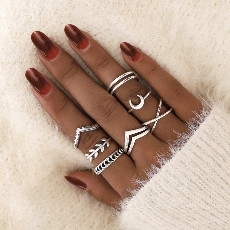 Tocona Bohemian Edgy Cross Moon Geometric Adjustable Gold Rings for Women Simple Open Joint Ring Set Party Jewelry кольца 10287