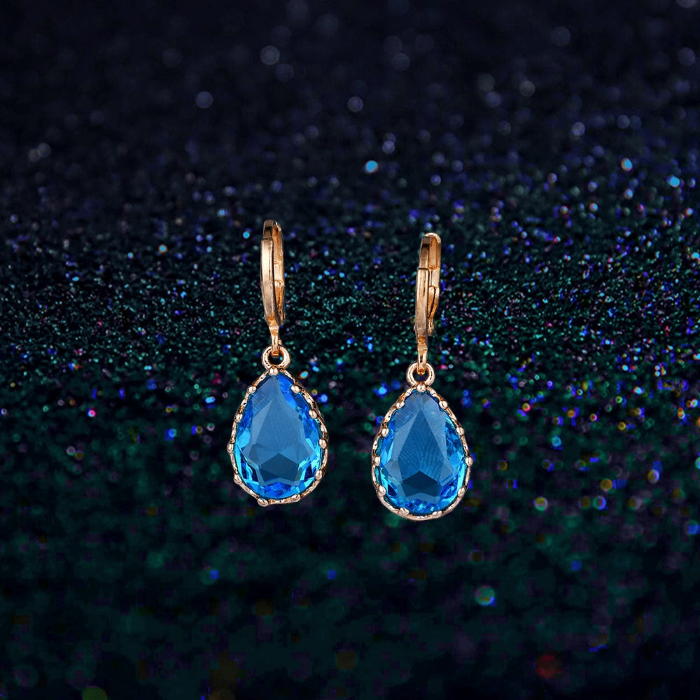Simple Women Blue Sapphire Crystal Drop Earrings Women Engagement Wedding Gold Earrings Anniversary Gift  Pendientes De Mujer