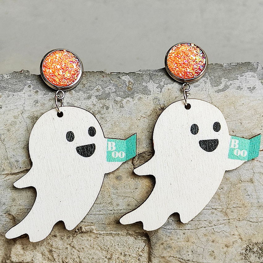 Funny White Wooden Pumpkin Bowknot Ghost Dangle Earrings Round Resin Druzy Earrings Halloween Gift Spooky Jewelry Wholesale