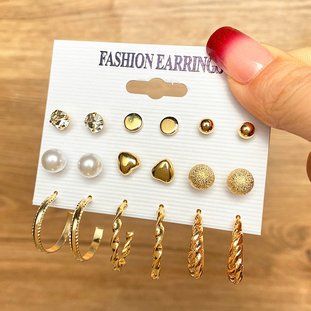 IFMIA Vintage Gold Color Earrings Set Geometry Pearl Love Flowers Heart Ear Studs For Women Girl Simple Jewelry 2022 New Trend