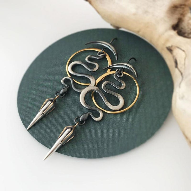Vintage Snake Irregular Geometric Metal Earrings Retro Two Tone Color Creative Awl Dangle Earrings for Women