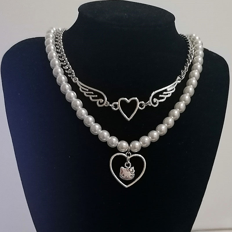 2022 Punk Gothic Harajuku Pearl Chain Hollow Heart Shaped Pendant Retro Court Cat Choker Necklace grunge Jewelry for Women Girls