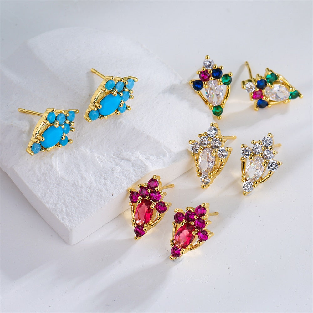 2022 New Fashion 1 Pair Colourful CZ Zircon Crystal Geometric Stud Earrings For Women Gold Color Luxury Wedding Jewelry Female