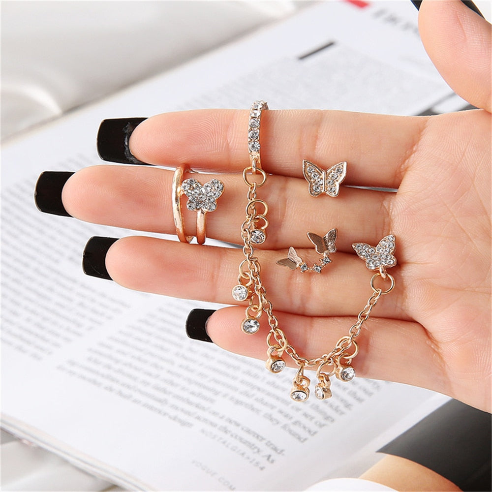 Korean Crystal Zircon Butterfly Clip Earrings Set For Women Moon Star Gold Color Chian Long Tassel Ear Cuff Fashion Jewelry Gift