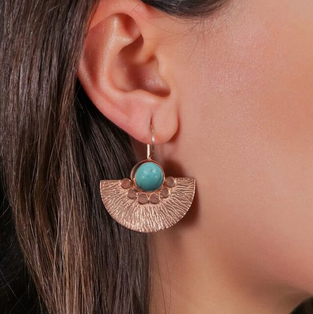 Tribal Golden Spiral Half Circle Drop Earrings Gypsy Jewelry Two Tone Metal Silver Color Tree Bark Fan Shaped Earrings