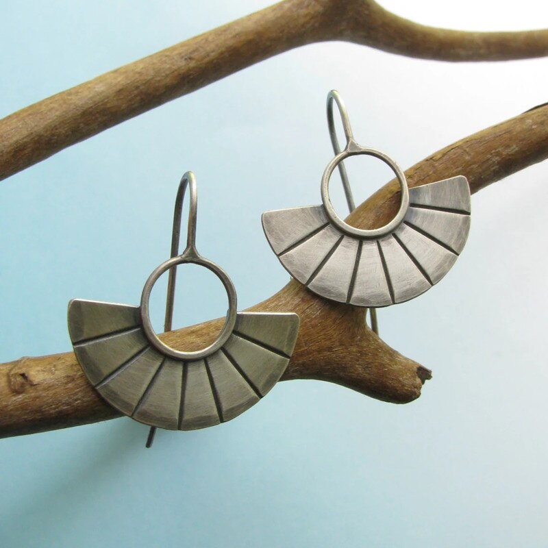 Tribal Golden Spiral Half Circle Drop Earrings Gypsy Jewelry Two Tone Metal Silver Color Tree Bark Fan Shaped Earrings