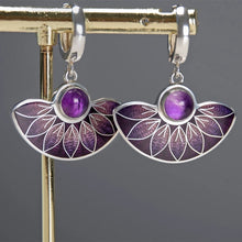 Load image into Gallery viewer, Vintage Silver Color Half Circle Drop Earrings Ethnic Metal Inlaid Purple Zircon Leaves Dangle Earrings for Women Jewelry