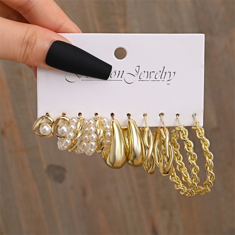 17 KM 5 Pairs/Set Vintage Pearl Dangle Earring Set Metal Gold Color Hoop Earrings for Women Twist Circle Earrings Hollow Jewelry