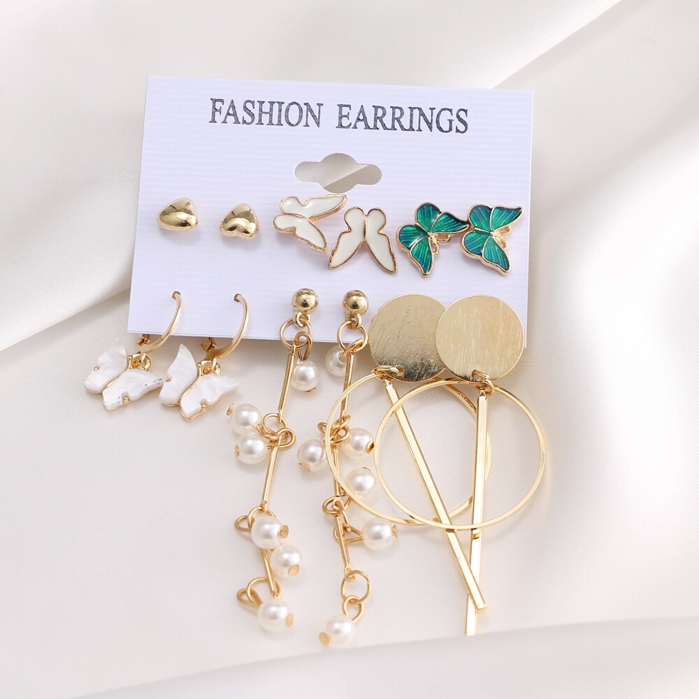 Vintage Geometry Pearl Heart Rhombus Earrings Set Gold Color Heart Earrings For Women Simple Metal Square Round Fashion Jewelry
