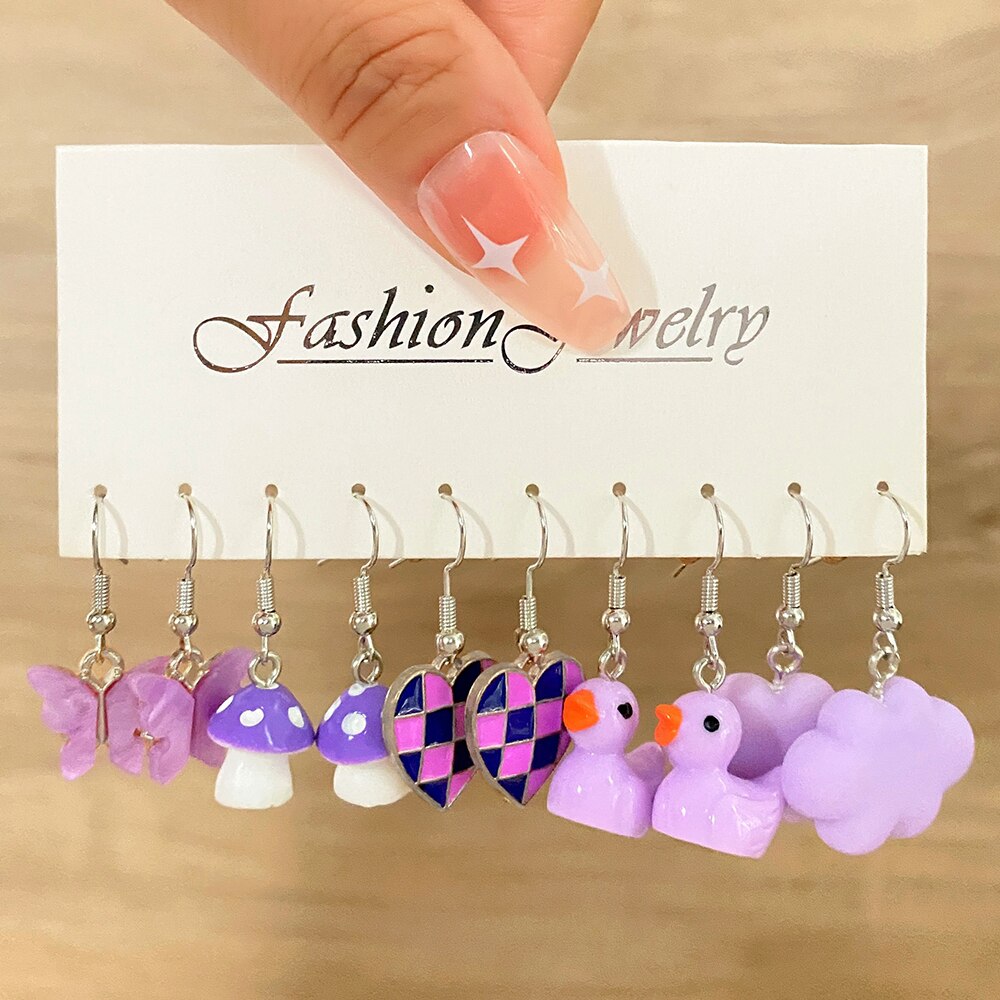 KISSWIFE Cartoon Butterfly Duck Earrings Set For Women Girls Geometric Cute Heart Mushroom Drop Earrings Trend Jewelry Kids Gift