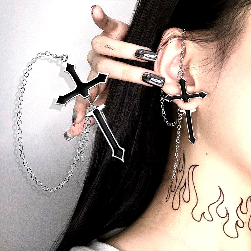 Women Girls Punk One-piece Earrings Butterfly Cross Pendant Tassel Clip Earrings Ear Studs Alloy Dangle Earring Jewelry Gift