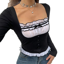 Load image into Gallery viewer, Long Sleeve T-Shirt Black Top Women Patchwork Lace Crop Top Winter Spring Women Pulovers Sexy Skinny V Neck Tees 90s Y2K Clothes
