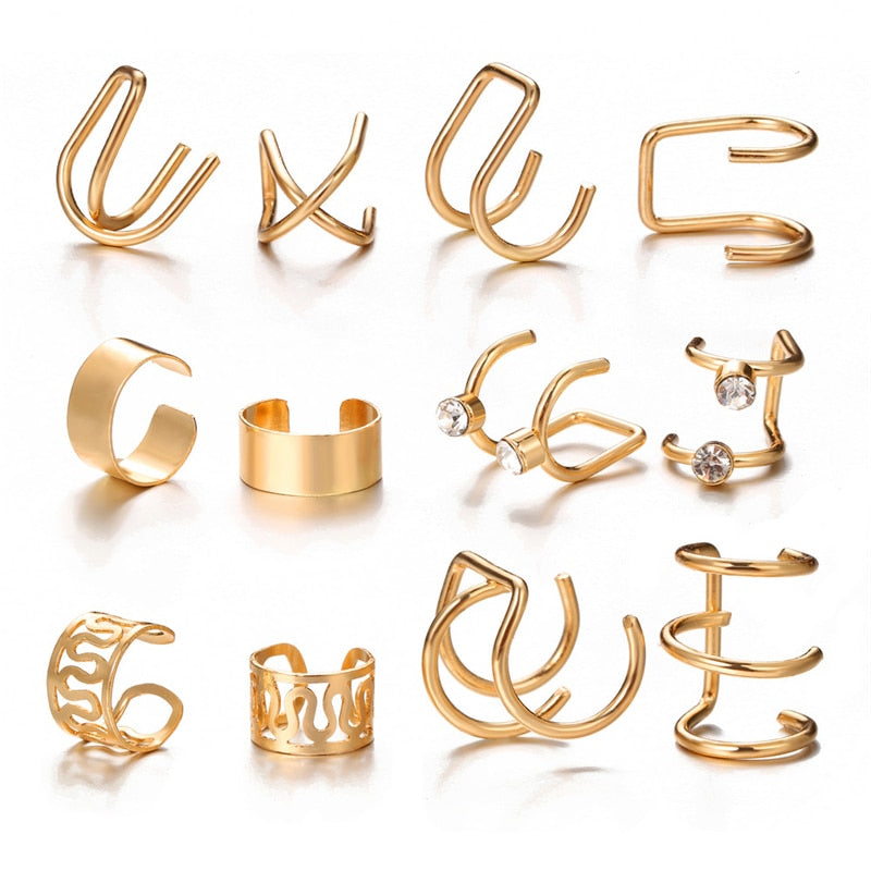 17KM Vintage Gold Color Earrings Set Crystal Non-Piercing Ear Cuff Hollow Earrings for Women Trendy Jewelry Wholesale