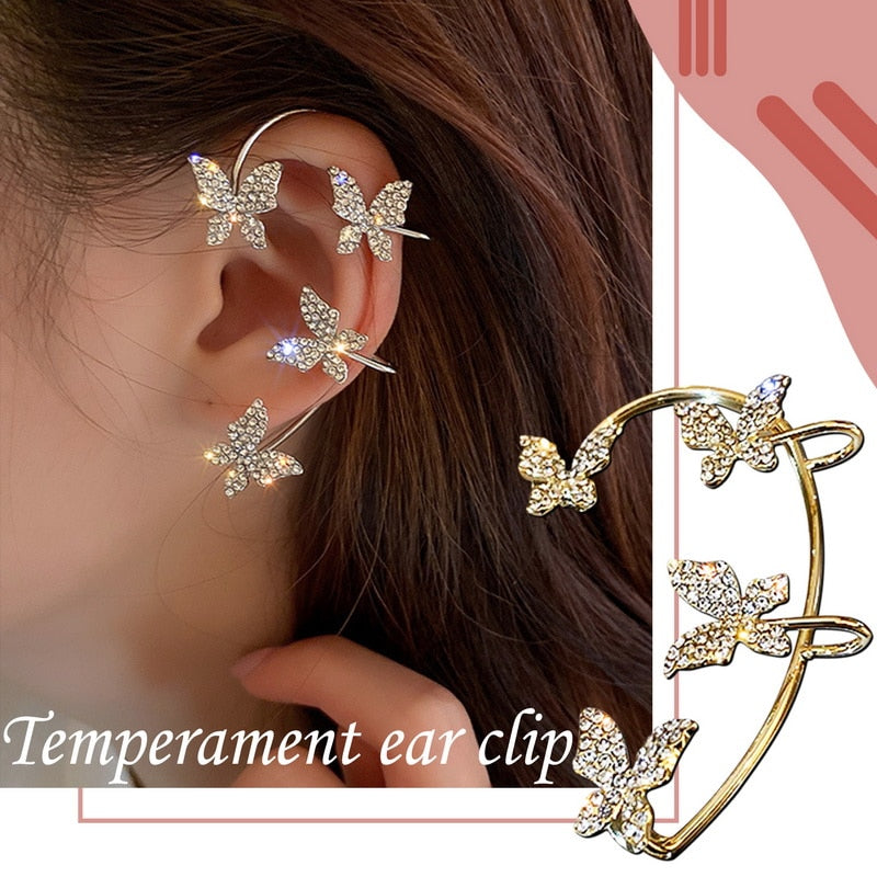 Sparkling Crystal Leaf Ear Clip Non-Piercing Earring For Women Fashion Zircon Leaves Butterfly Ear Cuff Clip Jewelry Gifts