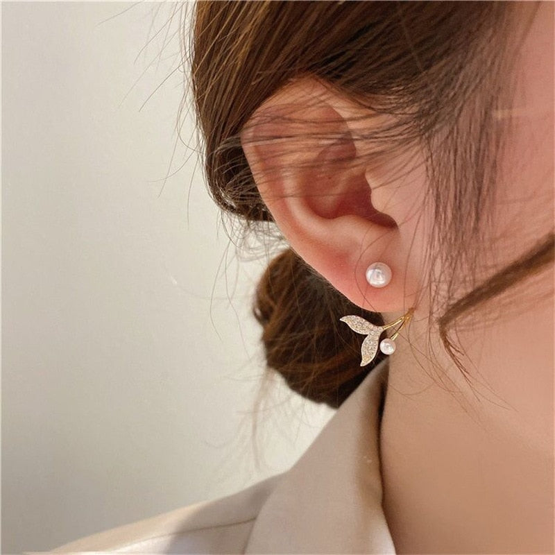 Korean Fashion Crystal Fishtail Drop Earrings For Women Jewelry Trendy Faux Pearl Women&#39;s Earrings Piercing Accessories 2022