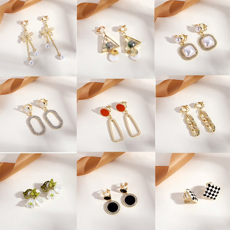 Korean New Style Geometric Clip on Earrings No Pierced for Women Cute Pearl Rhinestone Fresh Lovely Ear Clips  Student Jewelry