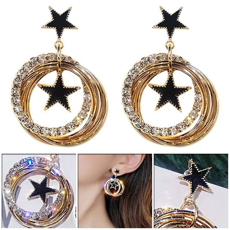 2022 New Moving star Earrings multilayer metal circle earrings pentagram Korean temperament ear Jewelry