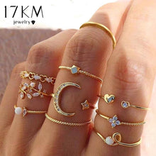 Load image into Gallery viewer, 17KM 10Pcs Crystal Rings Set Bohemian Rings for Women Geometric Moon Star Ring Jewelry Vintage Twist Pearl Trendy Accessories