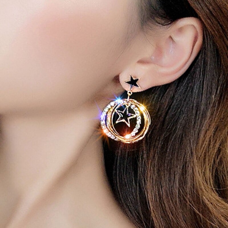 2022 New Moving star Earrings multilayer metal circle earrings pentagram Korean temperament ear Jewelry