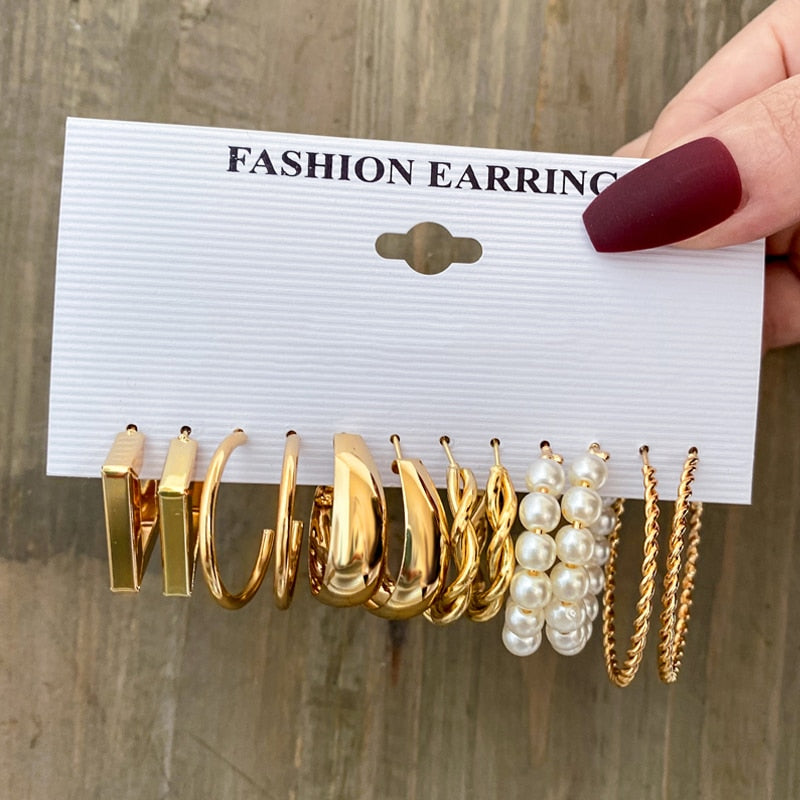 Vintage Gold Color Earrings Set Geometry Pearl Earrings For Women Simple Square Round Fashion Party Jewelry 2022 New
