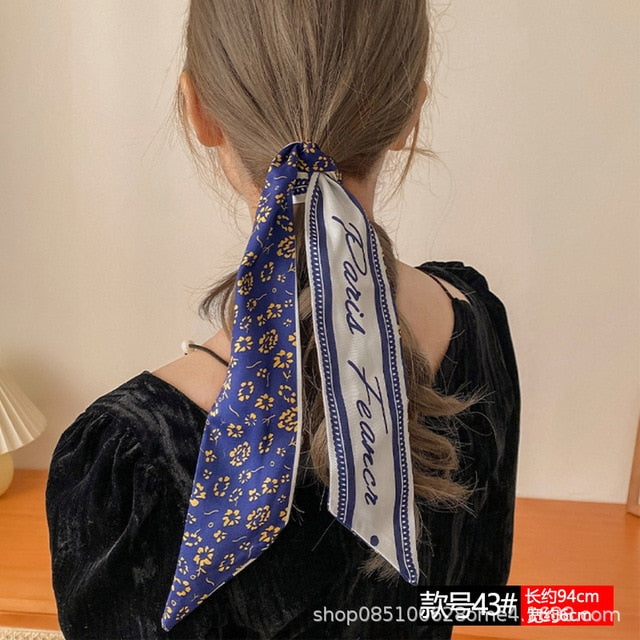 Elegant Women Narrow Long Scarf 100x6cm Chic French Gentle Elegant Chiffon Silk Tie Letter Print Bag Ribbon Headband Choker