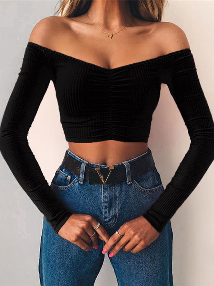 Long Sleeve Top Corset Top Women Off Shoulder T-Shirt New Year White Crop Top Fall Winter Sexy Solid Tees Streetwear Y2K Clothes