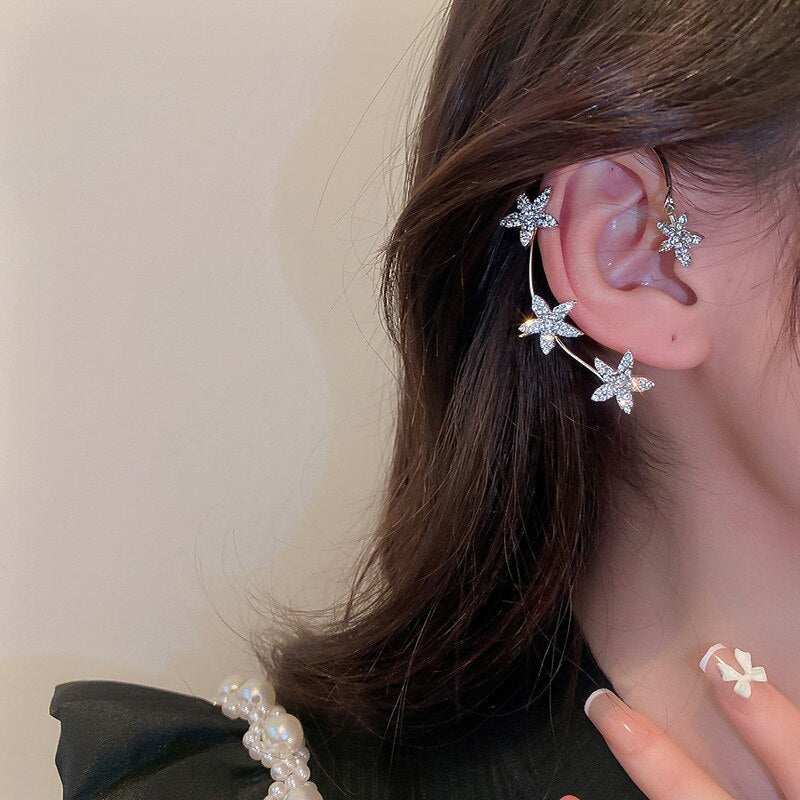 Luxury Designer Flower Earring Ear Clip Crystal Silver No Piercing Ear Cuff Drop Earring 2022 New Trendys Jewelry Women Gift