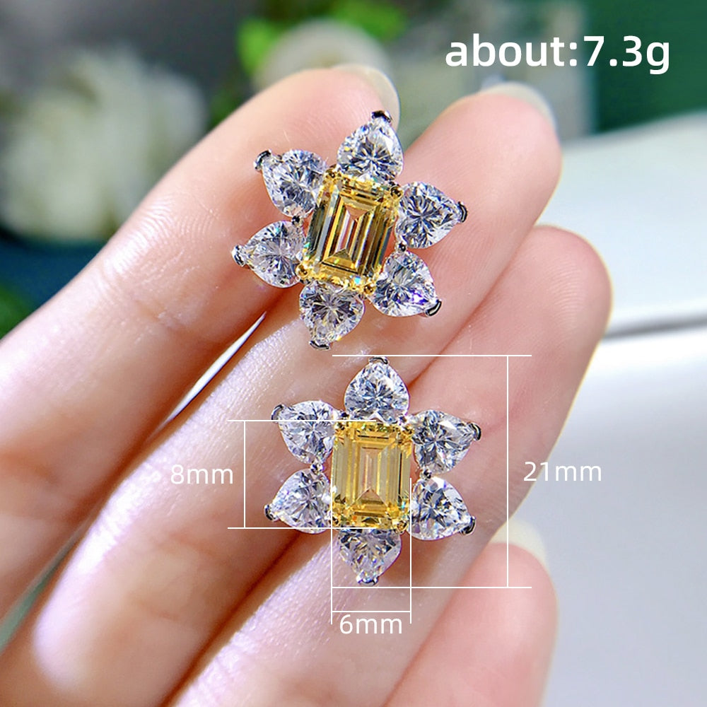 Huitan Gorgeous Yellow Square CZ Flower Earrings Ear Piercing Temperament Accessory for Women Wedding Anniversary Party Jewelry