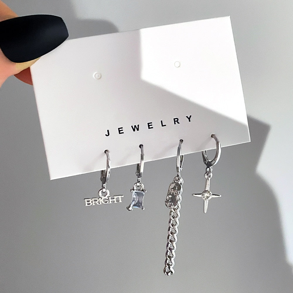 FNIO Korean Fashion Asymmetrical Earrings Set Geometric Star Lock Love Drop Earrings for Women 2022 Trendy Jewelry Gift