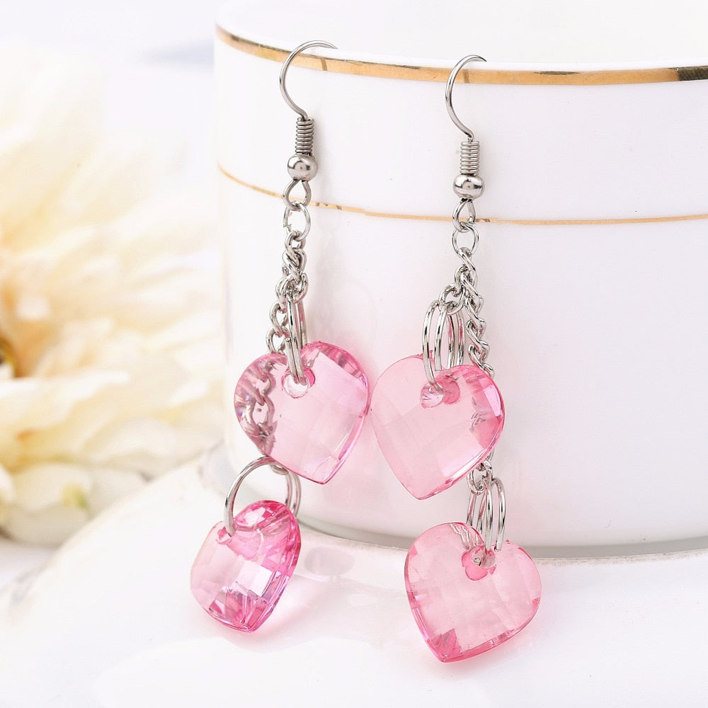 Pink Color Flower Drop Earrings for Women Summer Geometry Heart Leaf Butterfly Brincos Lovely Party Jewelry Valentine&#39;s Day Gift
